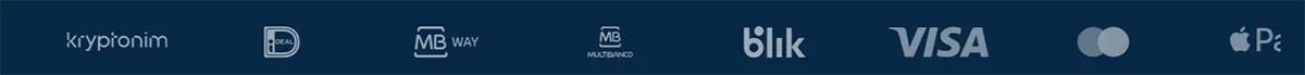 Payment methods banner showing Kypromim, iDEAL, MB WAY, MB Multibanco, Blik, Visa, Mastercard, and Apple Pay icons on a dark blue background.