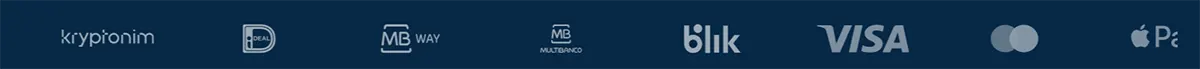 Payment methods banner showing Kypromim, iDEAL, MB WAY, MB Multibanco, Blik, Visa, Mastercard, and Apple Pay icons on a dark blue background.