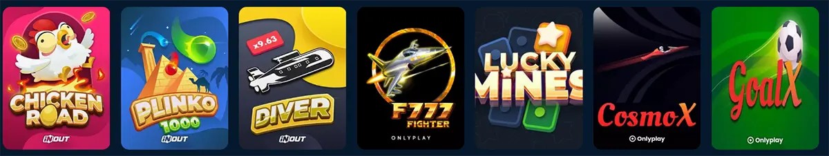 Casino game carousel showing colourful tiles for Chicken Road, Plinko 1000, Diver, F777 Fighter, Lucky Mines, CosmoX, and GoalX on a dark blue background.