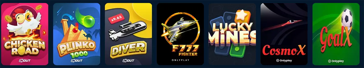 Casino game carousel showing colourful tiles for Chicken Road, Plinko 1000, Diver, F777 Fighter, Lucky Mines, CosmoX, and GoalX on a dark blue background.